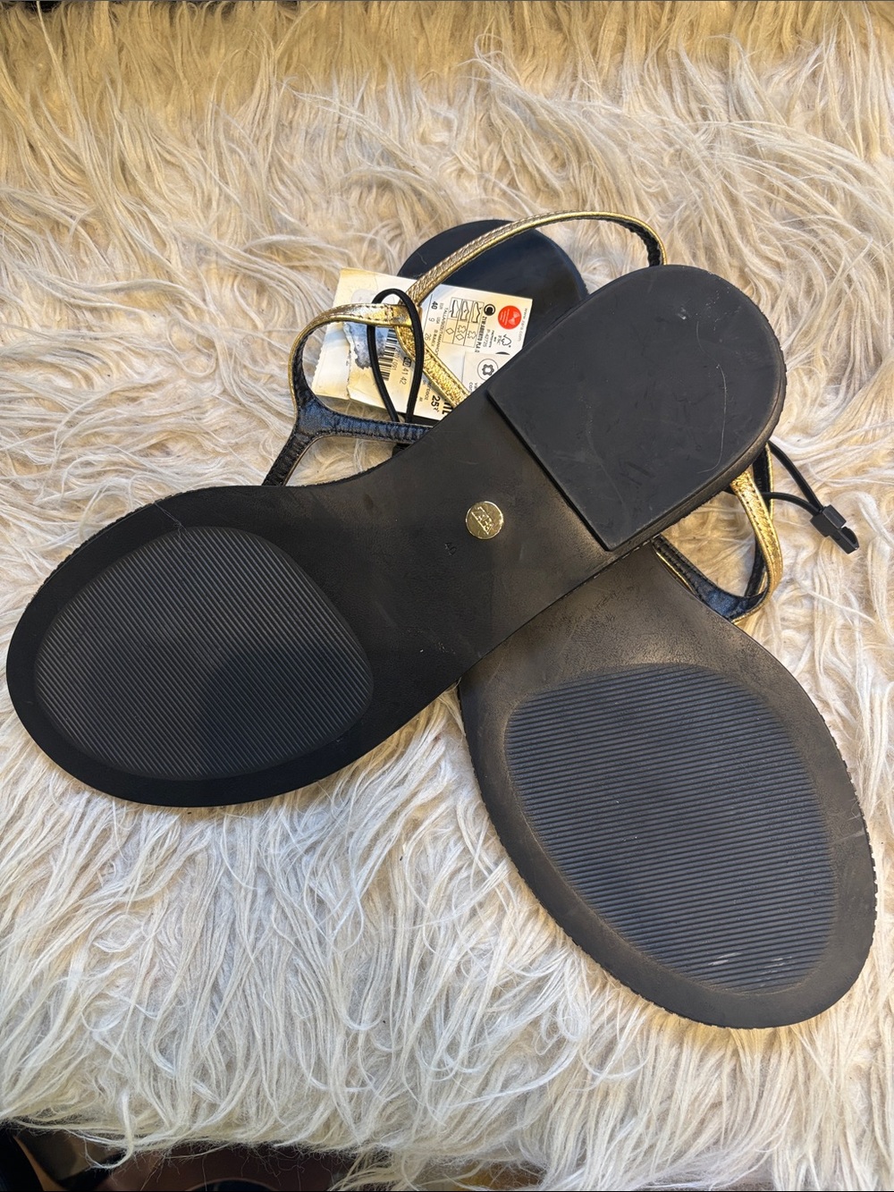 Zara Black Footbed Sandals with Metallic Gold Straps - Picture 2 of 2